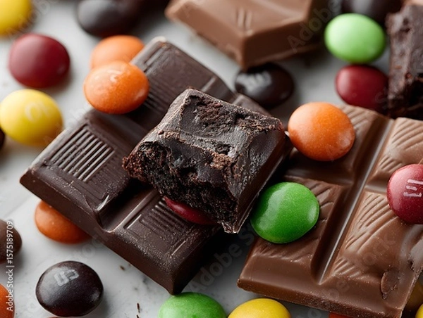 Fototapeta Savor the sweetness of rich dark chocolate squares complemented by colorful candy coated chocolates, inviting you to indulge in a delicious and tempting assortment of confectionery delights.