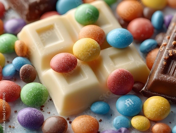 Fototapeta Indulge in sweet delights with a delectable assortment of colorful candies scattered around creamy white and milk chocolate pieces, perfect for desserts and celebratory treats.