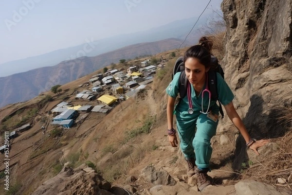 Fototapeta A female doctor in scrubs climbs a rocky mountain path with a village in the background on a sunny day