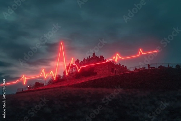 Fototapeta Red heartbeat line over a hill with a building and people under a cloudy and somewhat dark sky