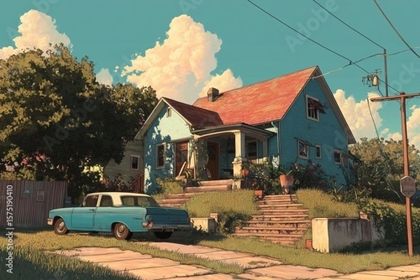 Fototapeta A blue house with a red roof and a blue car parked in the driveway on a sunny day with clouds