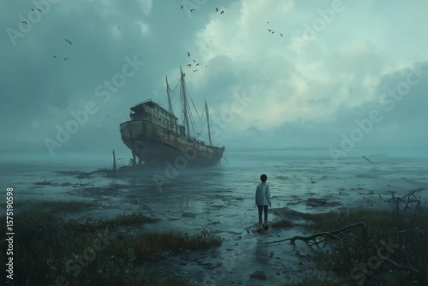 Fototapeta A lone figure stands on the shore gazing at an old shipwreck under a cloudy and overcast sky