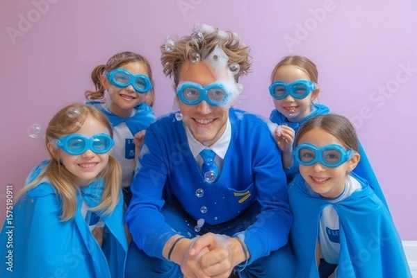 Fototapeta A man and four girls smiling wearing blue goggles and capes with bubbles around them on a pink background