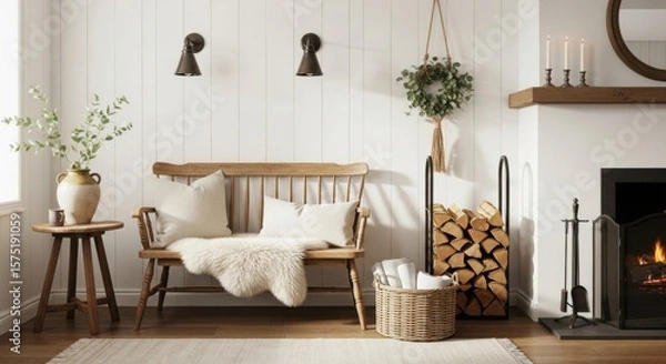 Fototapeta Cozy Farmhouse Living Room With Rustic Bench and Fireplace