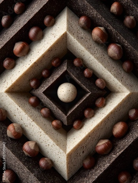 Fototapeta A captivating arrangement of hazelnuts showcases nature's geometric patterns with triangular blocks in cream and brown tones, perfect for food related backgrounds and artistic compositions.