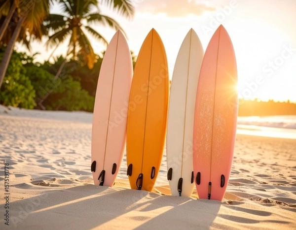 Obraz 석양 속 열대 해변의 서핑보드 Surfboards on Tropical Beach at Sunset