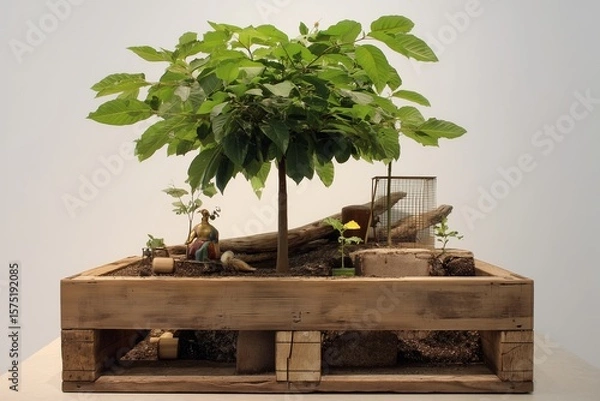 Fototapeta A small tree growing in a wooden pallet with a figurine and other plants on top of the structure