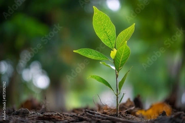 Fototapeta Close up shot of a small plant with bright green leaves growing in the forest with a blurred background