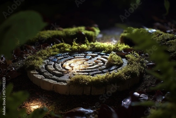 Fototapeta A mossy stone circle with a light in the center surrounded by greenery in a dark forest scene