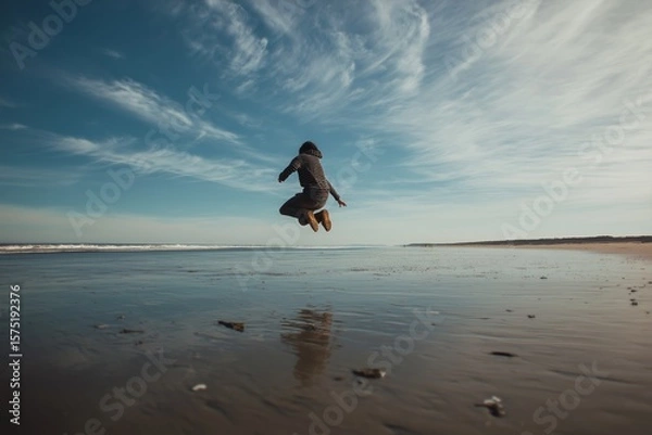 Fototapeta A person jumping in the air on a beach with a striped shirt and brown pants under a cloudy blue sky