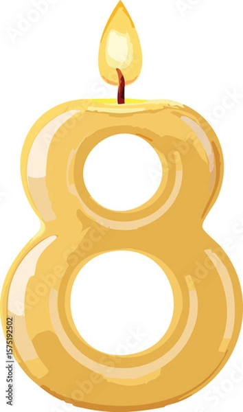 Obraz Number 8 Candle Isolated on White Background – Realistic Wax Texture with Visible Wick and Minimal Shadows