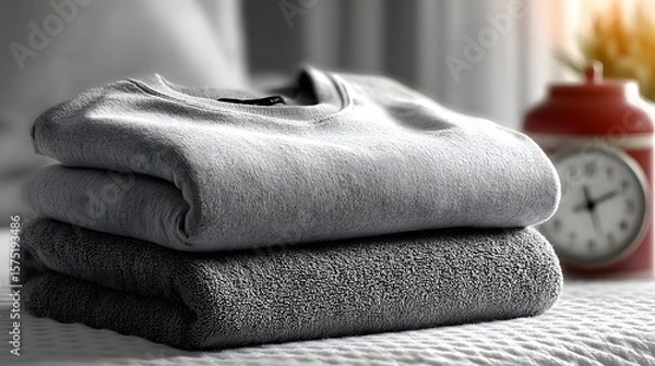Fototapeta Stacked Gray T-shirts and Towels on Bedside Table with Alarm Clock