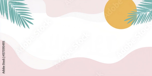 Fototapeta Summer-themed flat illustration featuring a warm sun, soft pastel colors, and tropical palm leaves framing a blank space for text or design elements