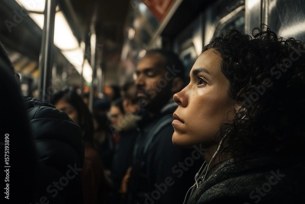 Fototapeta Woman with earphones looking up on a crowded subway train during commute in an urban environment