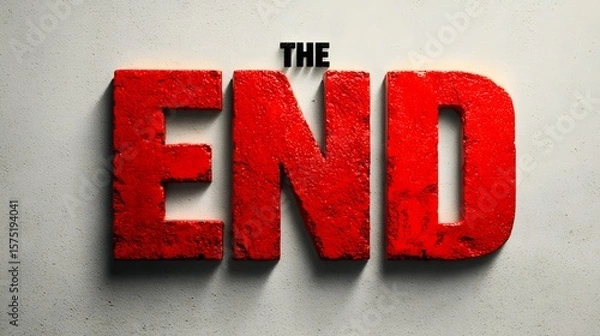 Fototapeta Red 3d End Text Sign on White Wall with Shadow Effect
