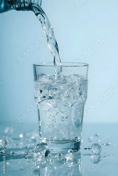 Fototapeta Fresh clear water being poured into a transparent glass with visible bubbles and splash, symbolizing purity, hydration, health, and clean drinking water in a minimal studio setting.

