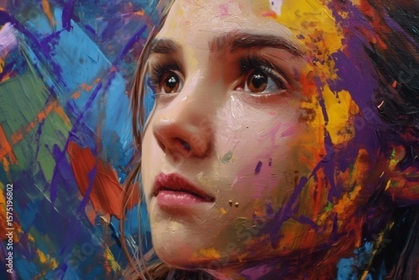 Fototapeta Close up painting of a woman with colorful abstract background in an expressive artistic style