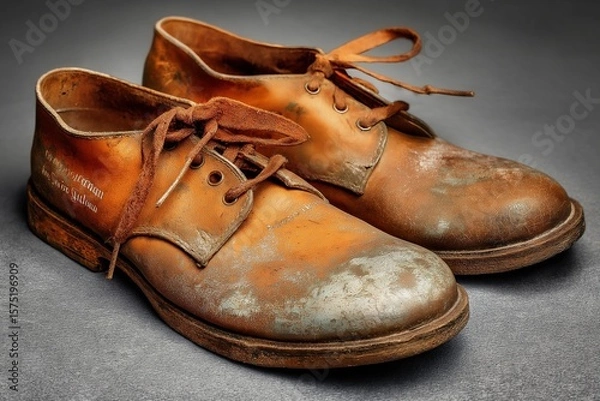Fototapeta A pair of worn brown leather shoes with laces sitting on a gray surface in a close up shot view