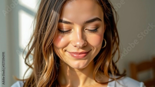 Obraz Meditation for students under pressure helps young woman find calm and peace with closed eyes and gentle smile in soft natural light