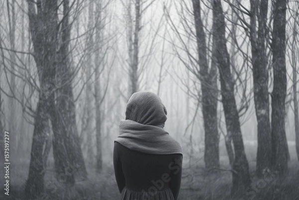 Fototapeta A person with a scarf standing in a foggy forest with bare trees in a monochrome aesthetic view