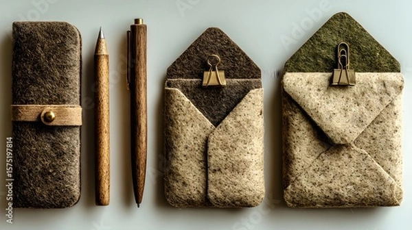 Fototapeta Felt Notebook Pen and Envelope Cases Set in Earth Tones on Light Background