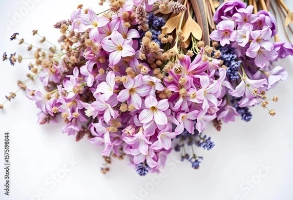 Fototapeta Delicate violet, lilac, and lavender dried flowers arranged in a bouquet on a white table Top view,  image,  flowers