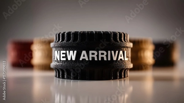Fototapeta New Arrival Black Capsule Pill Bottle with Text in Focus on Table