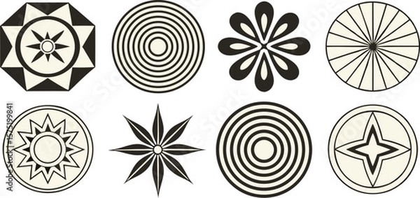 Fototapeta Geometric patterns starbursts and concentric circles in black and cream vector