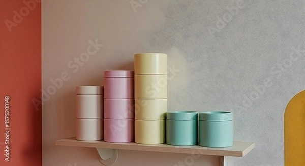 Fototapeta Arrangement of Cylindrical Containers on Shelf in Pastel Colors