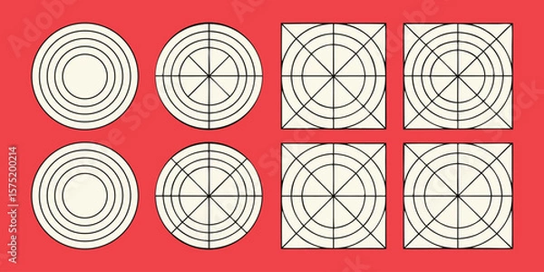 Fototapeta Geometric concentric circles and radial lines within squares and circles abstract pattern