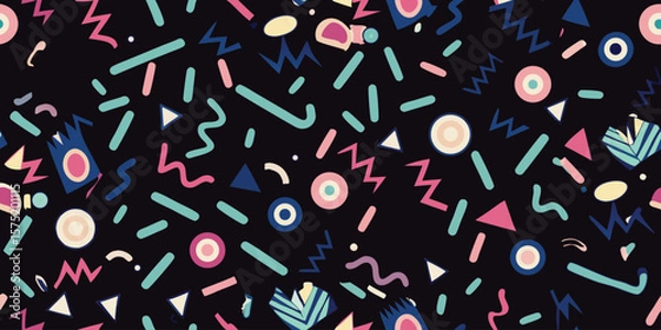 Fototapeta Retro Memphis Style Geometric Pattern With Circles Triangles And Zigzags abstract background