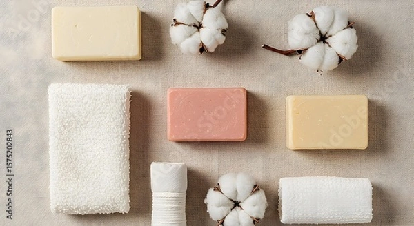 Fototapeta Arrangement of Soaps, Towels and Cotton for Hygiene