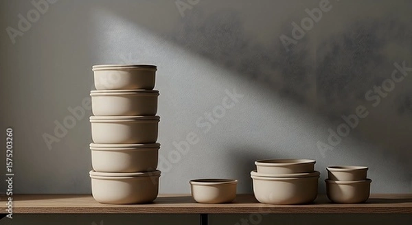 Fototapeta Arrangement of Storage Bowls on Wooden Shelf, Minimalist Style