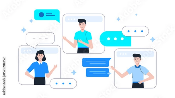 Fototapeta Remote team sharing weekly updates via group chat flat vector illustration
