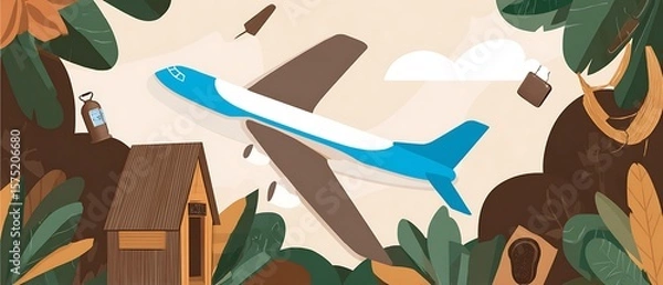 Fototapeta Whimsical flight above cabin and forest