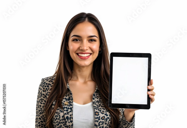 Fototapeta A cheerful young woman holds up a tablet with a blank white screen, offering ample copy space for your custom message or design.