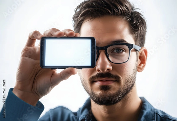 Fototapeta A man holding a blank device with a soft glow, obscuring his eyes.