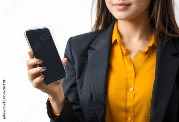 Fototapeta A mobile phone with an empty screen held vertically by a businesswoman, inviting engagement.