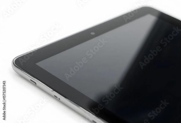 Fototapeta A close-up of a tablet in horizontal view with a dark, reflective screen, hinting at professional digital use.