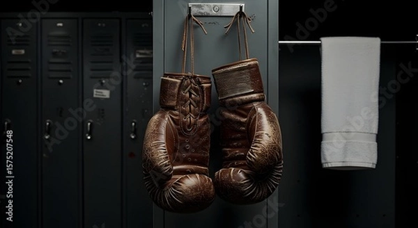 Fototapeta Boxing Gloves Hanging in Locker Room with Towel