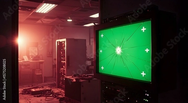 Fototapeta Broken Screen in Dark Tech Room Showing Green Key with Tracking Markers