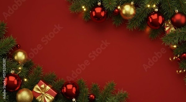 Fototapeta Christmas Decoration with Gift and Ornaments on Red Background
