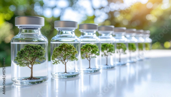 Fototapeta A sunlit lineup of clear vials, each nurturing a miniature tree in crystal liquid - Generative AI