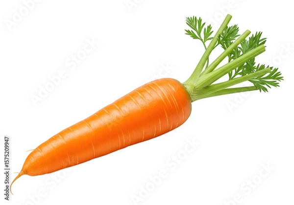 Fototapeta Vibrant orange carrot with green stems isolated on transparent background