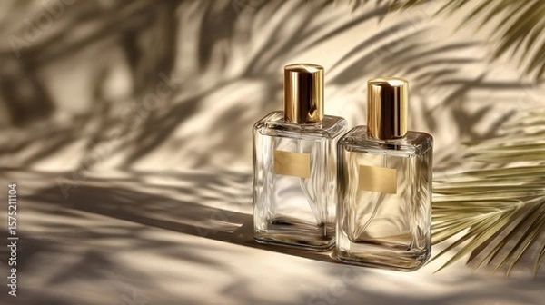 Fototapeta Glass perfume bottles with golden caps on flat surface, tropical leaf shadows in background