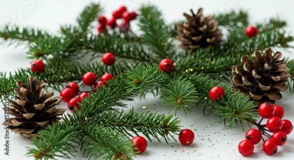 Fototapeta Evergreen Sprig with Pine Cones and Red Berries Holiday Decoration