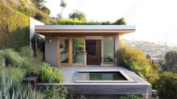 Obraz Modern hillside retreat with pool