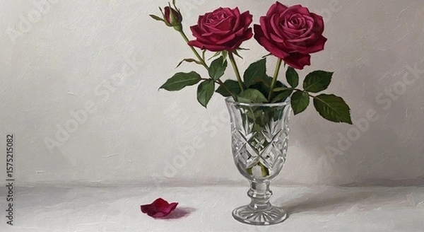 Fototapeta Red roses in crystal vase with a fallen petal on white background  