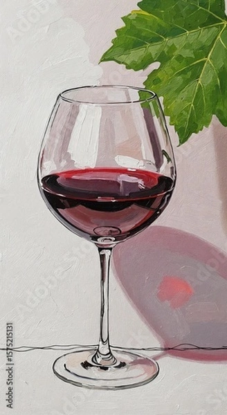 Fototapeta Red wine glass with reflection and green leaves on white background  