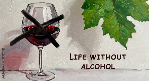 Fototapeta Glass of red wine with crossed-out symbol and leaf, promoting sobriety  